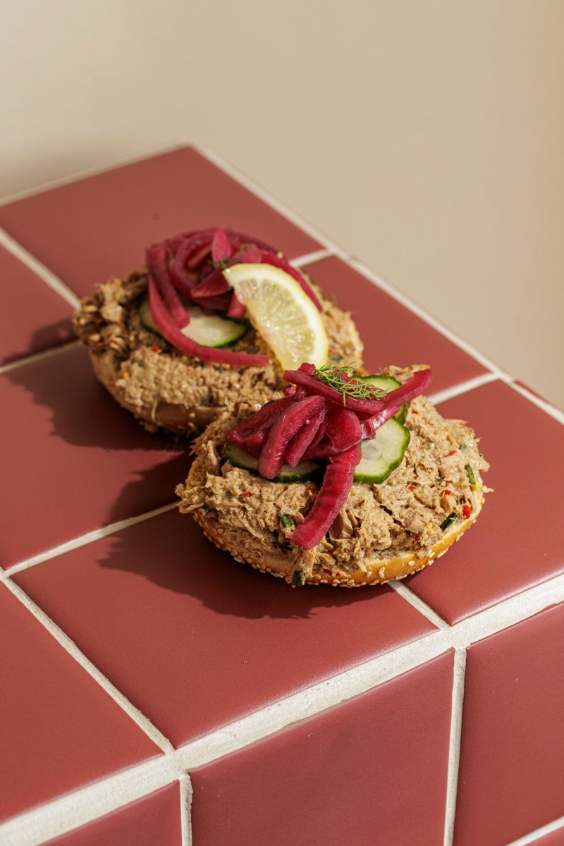 Spicy Catch — open-face spicy tuna, cucumber, pickled onion, lemon and dill.