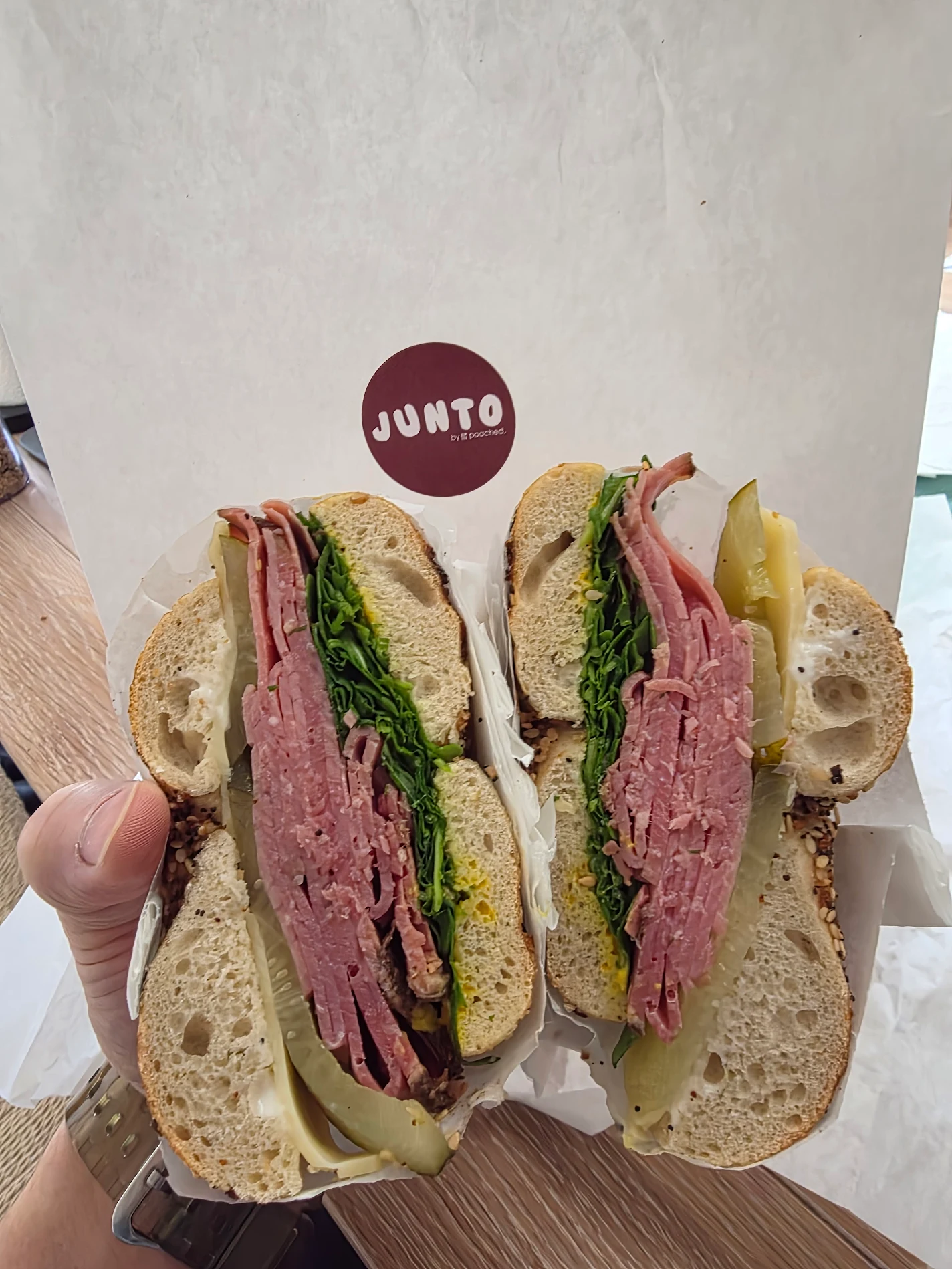 Pastrami everything bagel takeaway from Junto