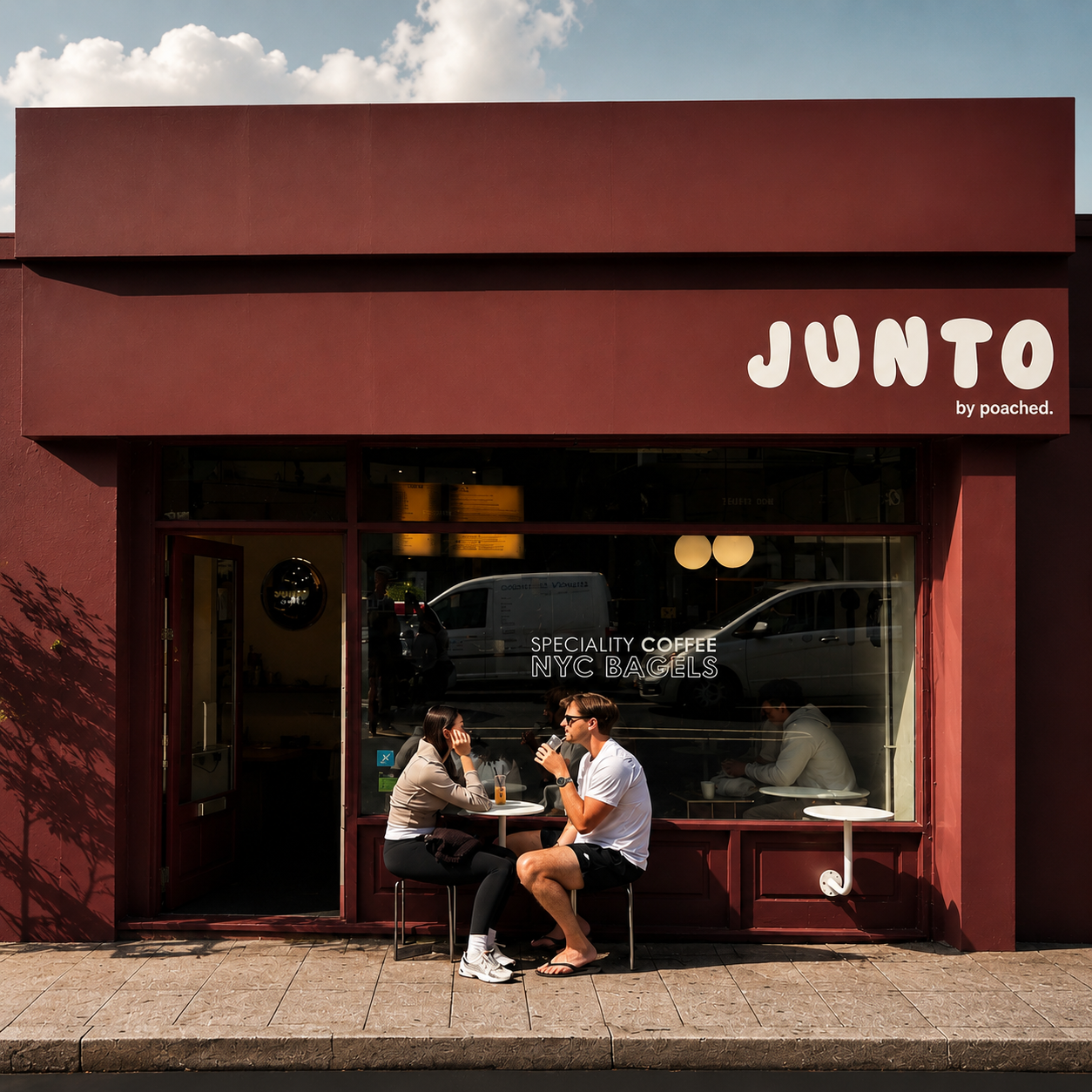The Junto storefront on Beckenham High Street — deep burgundy facade with the JUNTO wordmark, customers sitting at the window table outside on a sunny day.